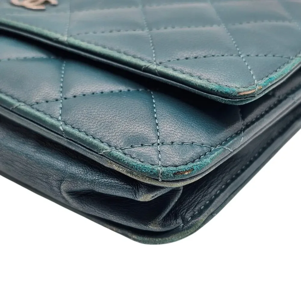 Chanel Wallet on Chain WOC Classic Quilted Lambskin Leather Turquoise Blue